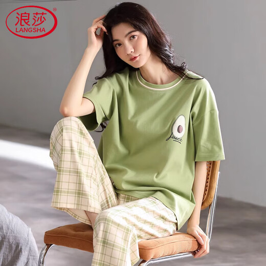 浪莎（LangSha）高档睡衣女款2025新款纯棉薄款宽松家居服短袖长裤休闲可外穿套装 7374 M 【建议80-105斤】