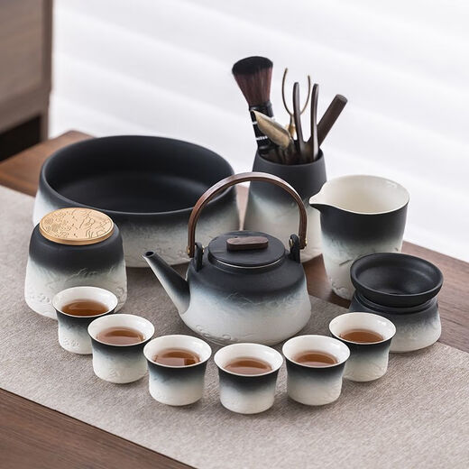 XMSJ轻奢粗陶功夫茶具套装家用泡茶器办公会客盖碗茶壶侧把壶茶 12023山海盖碗+提梁8杯组合