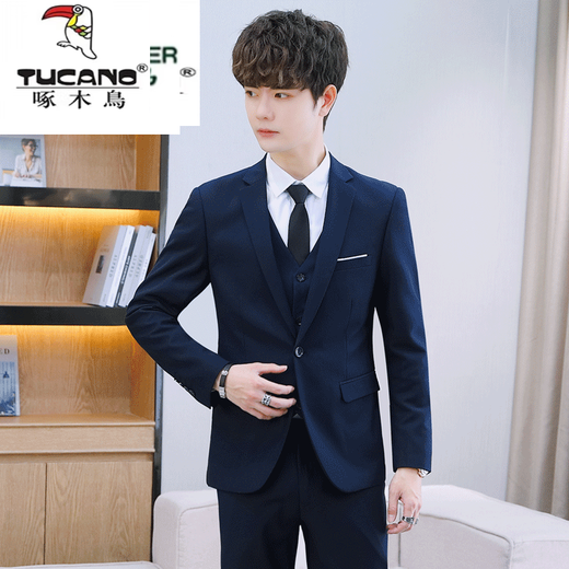 Woodpecker 18-year-old teenager high school student adult dress suit boys suit suit suit men's professional formal college 6302 black suit + shirt + trousers + collar XL