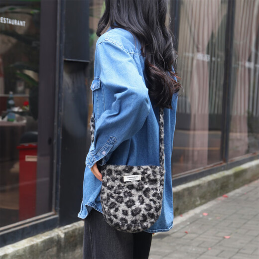 Koreanischer Ins-Stil, Herbst und Winter, neue Sherpa-Beuteltasche mit Leopardenmuster, Schulter-Umhängetasche, Münze, Handytasche, grauer Leopardenmuster, kleiner Eimer / kleine Größe