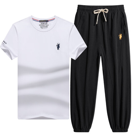拉尔伦保罗正品男士休闲运动套装夏季短袖T恤宽松大码松紧腰长裤 8618白+6627黑色 M