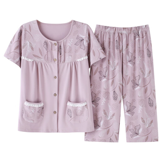 Langsha (Langsha) Pyjamas für Frauen 2025 neuer Stil mittleren Alters mittleren Alters kurzärmeligte Hose Sommer Baumwoll-Cardigan Plus Size Home Clothing Set LM-6626 [Cardigan Style] 2xl [Empfohlen 140-160jin [Jin gleich 0,5 kg]]