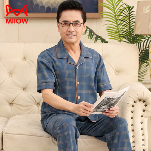 猫人（MiiOW）中年爸爸睡衣男士夏季短袖长裤100纯棉套装老年人加肥加大码薄款 691 L (建议110-130斤)