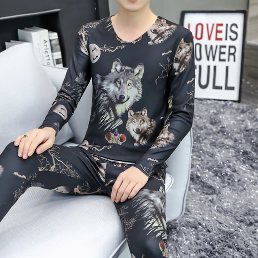 FHHUABD Deutsch Velvet Thermal Unterwäsche für Männer dünn plus samtiges Slim-Kragen ohne Marken Herbstkleidung und Herbsthosen Jugendbasis-Hemd-Druck Trend 6626 V-Ausschnitt Anzug 4xl 180-200jin [Jin gleich 0,5 kg]