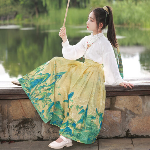 德骊嘉马面裙春天女童2025新款儿童女装汉服春款中秋节改良古装春季长袖 2677月白蓝[马面裙+2662上衣] 110