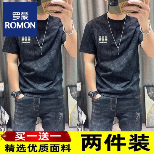 罗蒙2025新款短袖t恤男士夏季圆领休闲印花T恤青年半袖上衣大码男装 829T恤灰色+黑色【2件装】 XL 【建议120-130斤
