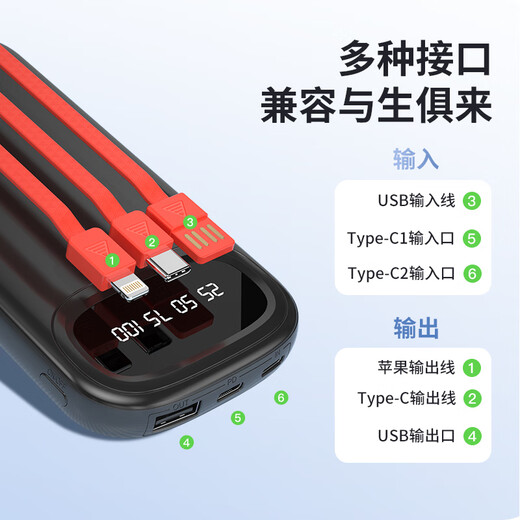 Newmine 20000 mAh large-capacity power bank, 3C certified | can be used on airplanes, comes with three-wire 10W mobile power supply, suitable for Apple, Huawei and other mobile phone headsets, milk tea color