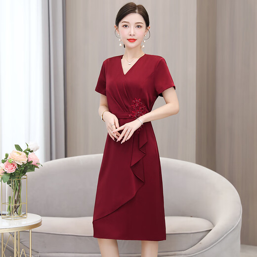粟茝五一妈妈参加婚礼穿的衣服国庆结婚喜婆婆婚宴装连衣裙平时可穿小 红色[6197款质量] L [建议110斤以下]