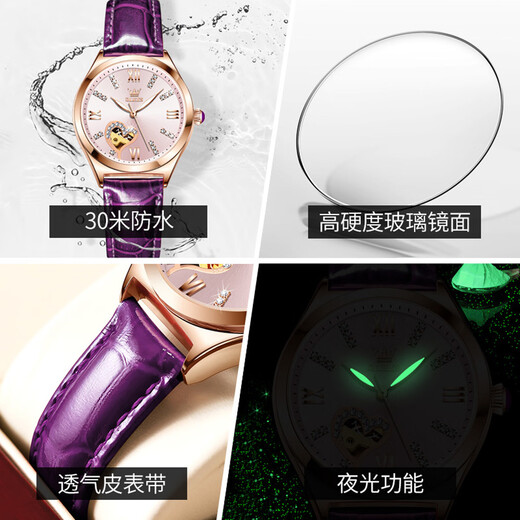 OLEVS Mecánico reloj Hueco Hueco Mujer Mecánica Mecánica Mecánica Impermeable Wating Women's Women's Women Diamond-Set Regalo navideño Regalo de regalo [Caja de regalo que mueve el corazón] B6636SK Purple Leather Rose Shell de 33 mm Diámetro de marcado: