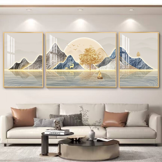 Sala de estar tríptica luz moderna de lujo sofá fondo pared pintura colgante atmosférico y buen significado pintura decorativa de sala de estar slh-9230 (seda de oro diez mil millas) 40*60 en ambos lados 80*60 en el medio 2.5 metros