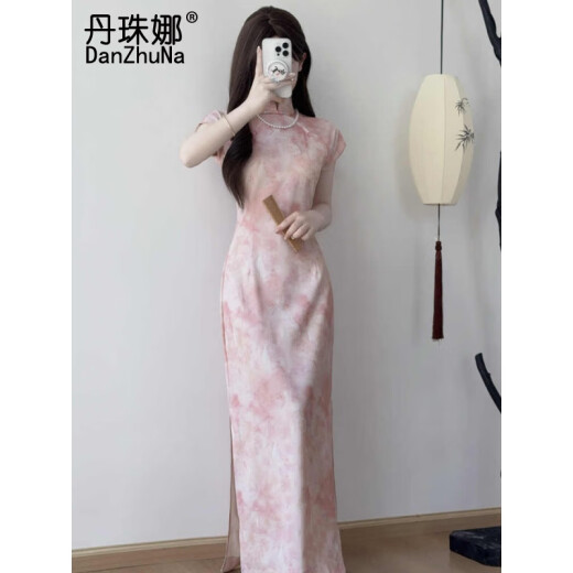 Danzhuna New Chinese Dress Women's 2025 Summer New Style Amélioration du style national Girl Cheongsam Modified Jirt Summer 9710 Pink Cheongsam (pas d'accessoires) xl