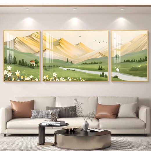 Sala de estar tríptica luz moderna de lujo sofá fondo pared pintura colgante atmosférico y buen significado pintura decorativa de sala de estar slh-9230 (seda de oro diez mil millas) 40*60 en ambos lados 80*60 en el medio 2.5 metros