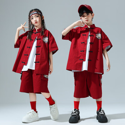 Kamiban Children's Hip-Hop Chinese Style Performance Costumes Child's Child's Childal Cost Boys and Girls New Chinese Street Dance Performance Costumes Trendy 319 Black Cost + 841 White Short Manches 160 cm