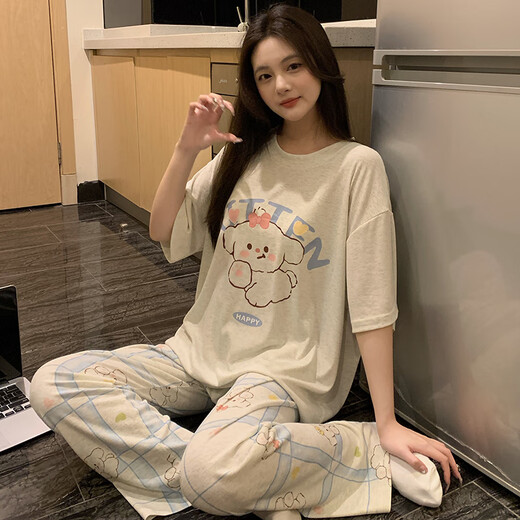 Mengluan Pyjamas für Frauen 2025 Neue Sommer kurzärmelige Shorts süße Cartoon Welpe dreiteils Set für lässige Heimkleidung 684-3 Bow Dog XL