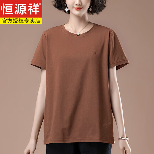 恒源祥中年妈妈纯棉t恤女夏短袖宽松汗衫加大码女装中老年圆领咖色上衣 咖啡色【9892款】 L 适合100-115斤