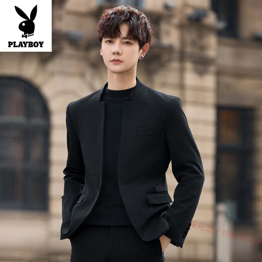 Playboy New Style Mao Suit Men's Handsome Slim Stand Collar Suit National Style Wedding Jacket Youth Casual Small Suit Suit Black Suit (Top + Pants) XL (125-140Jin Jin equals 0.5kg)