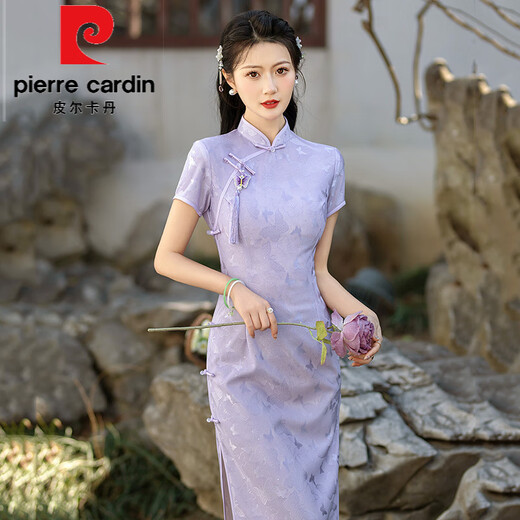 皮尔卡丹（pierre cardin）紫色蕾丝长款改良旗袍2025新款年轻款女国风复古修身日常可穿夏季 14124米白(送吊坠) S