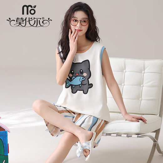 莫代尔夏季新款棉质背心短裤家居服套装女无袖宽松卡通印花休闲睡衣 AG829女 M