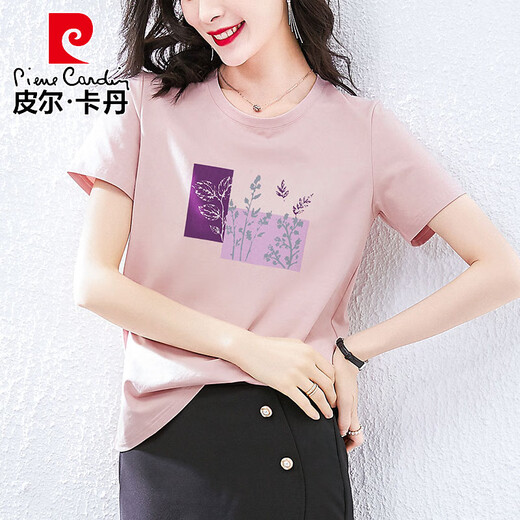 皮尔卡丹（pierre cardin）轻奢高档纯棉短袖t恤女夏装宽松休闲韩版时尚气质半袖体恤衫上衣 6193皮粉 M (建议80-105斤)