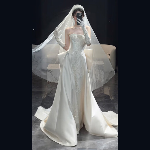 Wenmi fishtail wedding dress bridal main yarn high-end tube top satin light dress for women 2025 new simple texture engagement outing white small tail no free veil S