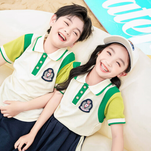 童然幼儿园园服夏季新款小学生校服班服六一表演服棉质运动英伦风套装 6627短袖+短裙 150 码