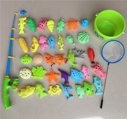 Other homes Tiantian children's fishing toy fishing rod magnetic double-sided three-dimensional fish set large fishing rod 50 fish 2 shrimp fishing rod 2 net fishing 2 buckets