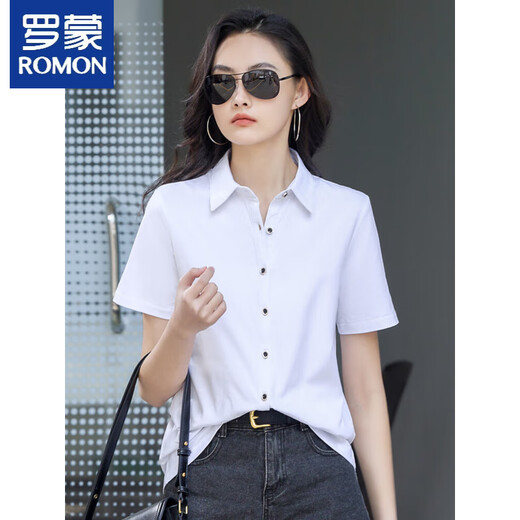 T-shirt à manches courtes Romon pour les femmes 2025 Summer New Pure Cotton Shirt For Women Polo Collar Slim Slim Cardigan Professional à mi-manche 9887 Blue (à manches courtes) S S Recommandé 80-95Jin [Jin est égal à 0,5 kg]