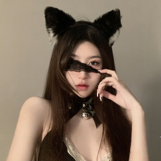 Nianfu cat ear headband for women, bell collar, black cat ear headband for women, rabbit ear headband, Mid-Autumn Festival gift for girls, headband + eye mask + lace collar