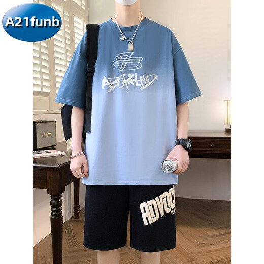 A 21 FUNB青少年夏季运动套装短袖t恤男孩12-15岁高中生学生帅气13大童男装 3523-5白色套装【短-袖+黑短裤】 170 M(约75-100斤)