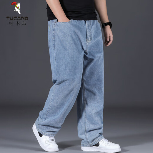 Pájaro carpintero (tucano) Verano delgada de tamaño extra grande Jeans para hombres con grasas de chándales de talla grande de talla suelta Hombre grasa recta estirado pantalones largos Pure Black 9904 [suelto liso] 32 (circunferencia de la cintura 2 pies 5)