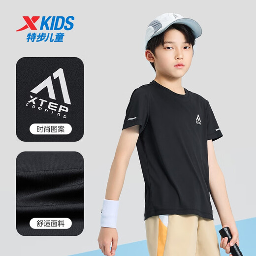 Camiseta de manga corta para niños Xtep Boys Summer Summer en el verano New Top Negro genuino Top Genuine Negro [9215] de verano.