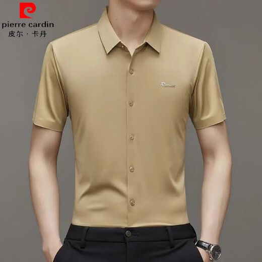 皮尔卡丹（pierre cardin）新款男士桑蚕丝短袖衬衫男保罗中年免烫休闲商务宽松真丝衬衣薄款 藏青KYA短袖9719 L 175/适合135-155斤