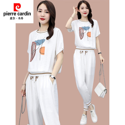 皮尔卡丹（pierre cardin）休闲时尚套装女夏季新款洋气T恤薄款小个子冰丝运动服短袖两件套 【684】桔黄色 M (建议100斤以下)