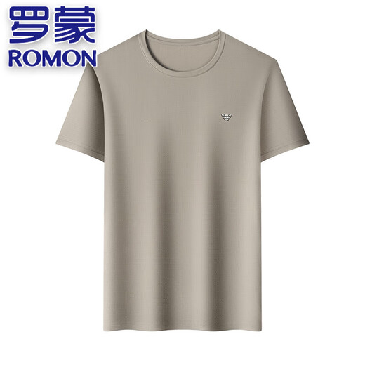 罗蒙（ROMON）高档冰丝短袖t恤男士夏季半袖时尚休闲体恤宽松百搭圆领打底上衣 733-卡其 XL 175建议135-155斤
