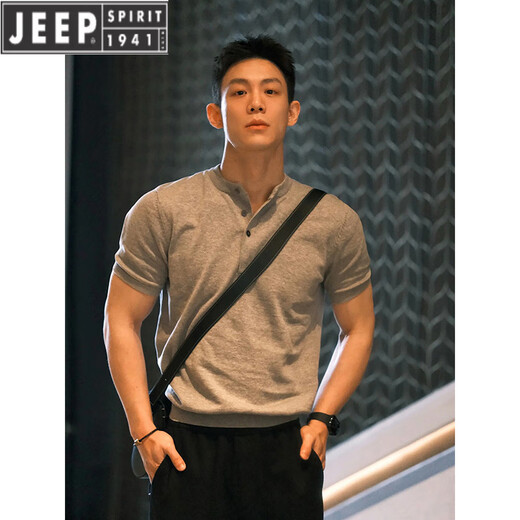 JEEP SPIRIT gray henley collar short-sleeved polo shirt men's summer cuffs fitness sports t-shirt American muscular half-sleeve gray XL (suitable) 130-145Jin Jin equals 0.5 kg