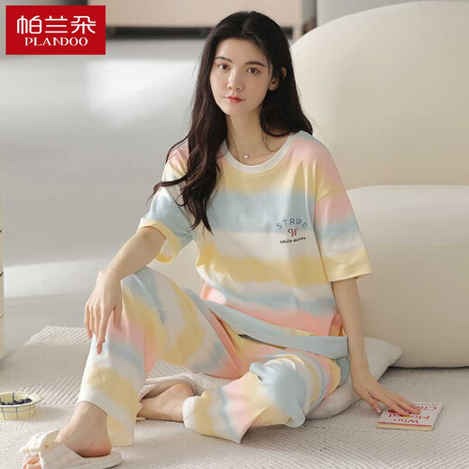浪莎2025年睡衣女春夏季纯棉短袖长裤薄款韩版可爱彩虹撞色家居服套装 Z9712 M码[建议80-100斤穿] 均码