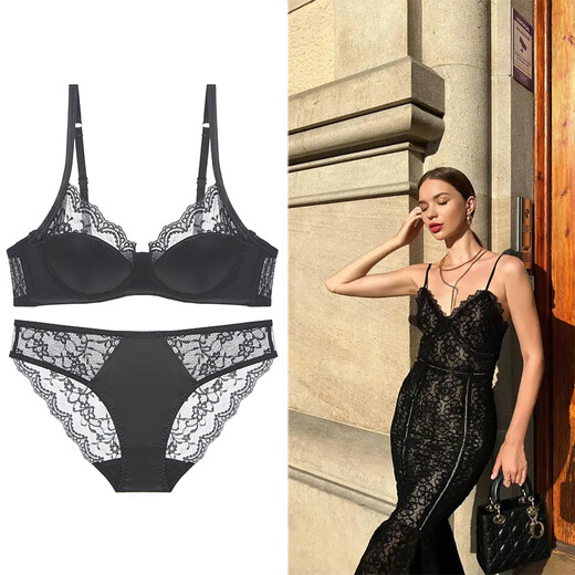 Victoria Palace Sexy Bra French Pure Desire Thin Glossy Lace Underwear Big Breast Revealing Small Anti-Sagging Underwear Bra Apricot Suit L /80BC