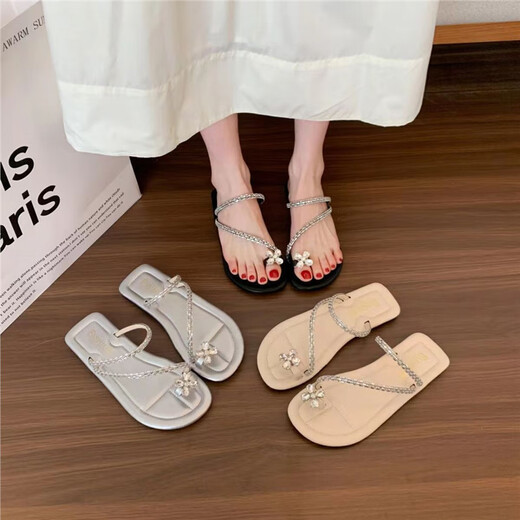 
ZUYLFYP shoes flat-soled French fairy shoes 2024 new summer soft sole with skirt toe rhinestone slippers summer 6626 diamond belt - white 38-39 suitable for 37-38 feet