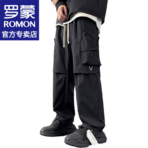 罗蒙（ROMON）美式工装休闲裤男士2024夏季薄款简约拼接直筒阔腿裤子男裤男装 K9928黑色 XL （约130-145斤可穿）