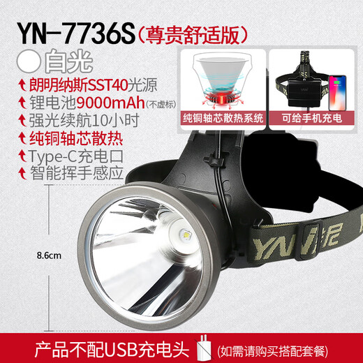 雅尼（YANI）超亮头灯强光充电远射头戴式led矿灯锂电池超长续航户外夜钓赶海 7736S白光-736S白光舒适后置款