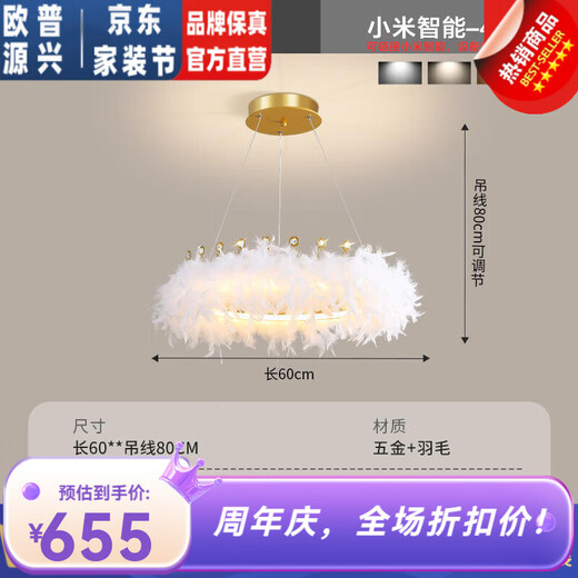 欧普源兴卧室灯法式羽毛吊灯轻奢女孩公主房间灯艺术店铺网红中山灯具 9272吊灯白色35cm 三色变光