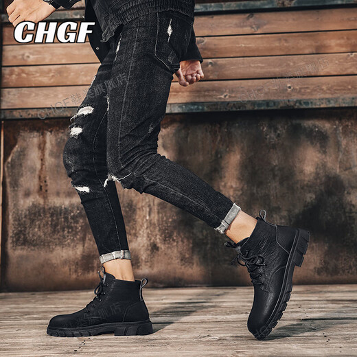 CHGF brand height-enhancing shoes for men in spring and summer new breathable Martin boots casual leather shoes for men invisible height-enhancing shoes for men HC897 black [Leather surface mid-top]-enhancing height 8cm 40 (sports size)