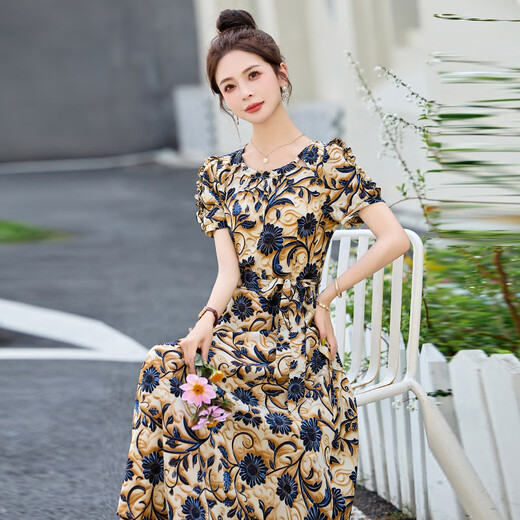 Ehangy international brand women's light luxury high-end dress summer new fashionable and versatile fashionable age-reducing skirt yellow [high-end gift box] XL