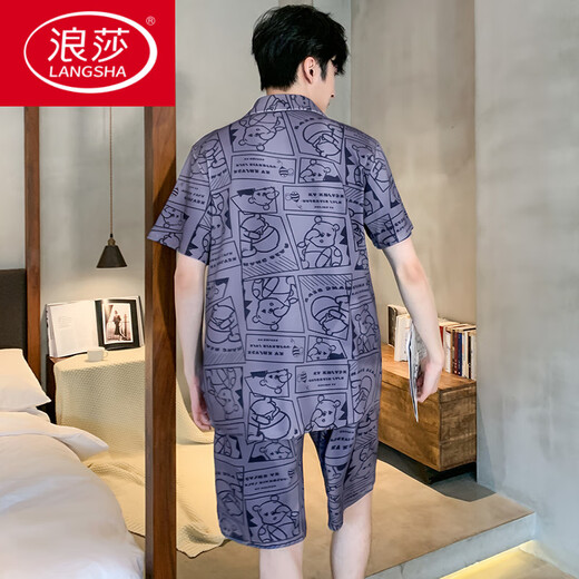 LangSha (LangSha) ice silk pajamas men's summer short-sleeved pants thin young boys summer men's home clothing 2025 new suit G723 M Recommended height 165, weight 90-110