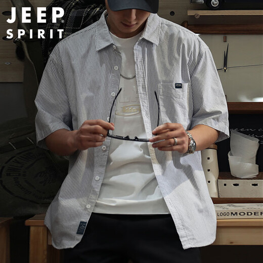 JEEP SPIRIT Jeep striped short-sleeved shirt men's summer American retro loose casual cotton shirt gray 2XL