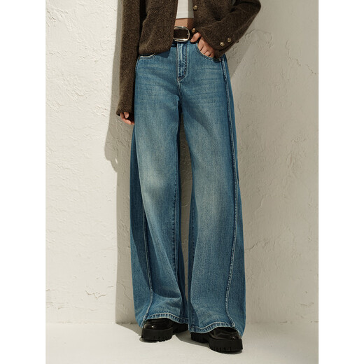 
Jiuzi Annako retro tannin Fengshui washing old heavy cotton denim scimitar pants for women 2025 spring new style blue-KWFC12109 S