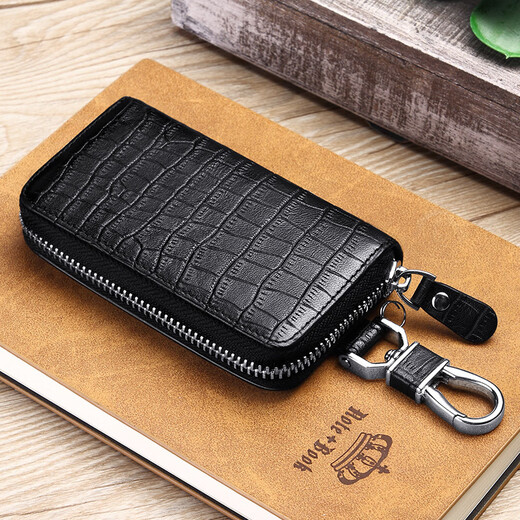 Williampolo Kaiser Paul Echtes Leder-Ledermännchen-Schlüsselbeutel Taillenhunger Leder Reißverschluss Key Bag große Kapazität Multifunktions-Mini-Kartenbeutel Schwarz geprägt