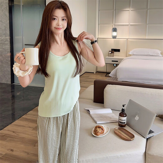 Bunte Edelsteinmodale Brustpads-Pyjamas für Frauen im Sommer Lazy Weste Hosen zweiteilige Set für Hauskleidung im Freien HS-SZ841# Ocean Strip 170 m