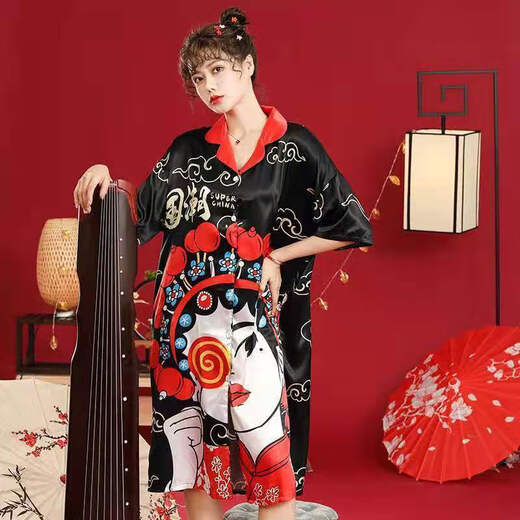 FHHUABD新中式国潮晨袍婚礼新娘伴娘团搞怪睡衣夏季冰丝凉爽睡裙家居服 国潮702短袖墨绿 M 建议80斤-110斤