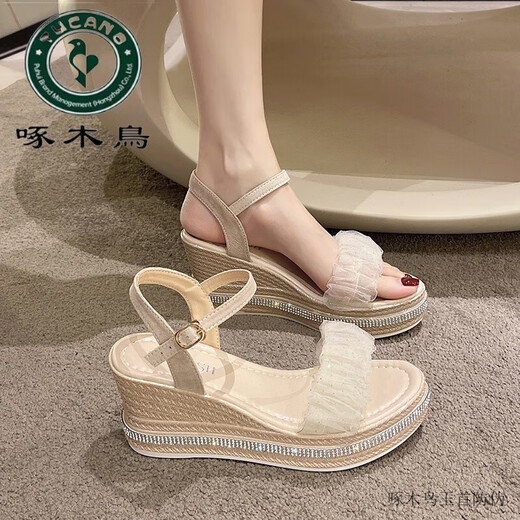 Woodpecker Keilsandalen Damen Sommer Fee Stil Riemen mit Rock 2025 Neuer Stil Dicke Sohle Erhöhte römische Sandalen Cloud Beige 35